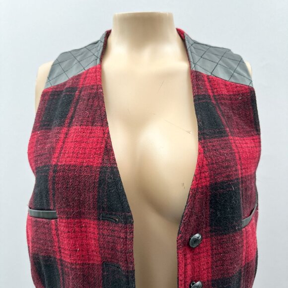 Tasha Polizzi Wool Plaid Vest Red Black Quilted Faux Leather Back Lined Womens M - Picture 5 of 10